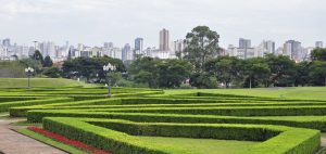 Curitiba skyline from one of beautiful parks located near center of city. Good representation for tourist of how clean and attractive this city is to visit.