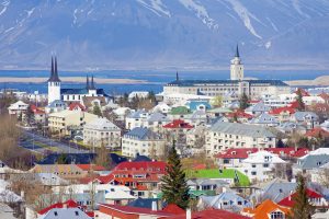 Looking across the colourful rooftops of Reykjavik in Iceland, Europe.