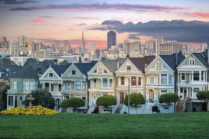 San Francisco cityscape with the Painted Ladies as seen from Alamo square park.