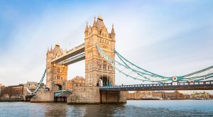Panorama of famous Tower Bridge in the sunlight and River Thames in London at day. London, United Kingdom.