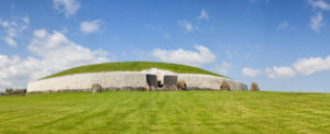 Panoramic of Newgrange in County Meath, Ireland. It was built during the Neolithic period, around 3200 BC. Unknown what the site was used for, but it is believed that it had religious significance. Multiple files stitched.