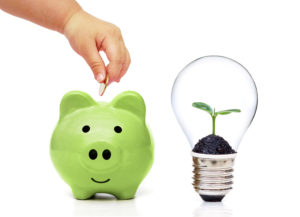Baby's hand putting a golden coin to green piggy bank and a lightbulb with a tree inside - Living Green and Saving Energy